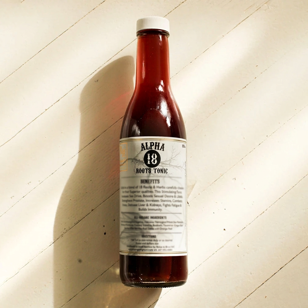 Alpha 18 Roots Tonic single bottle with smaller label wording blurred