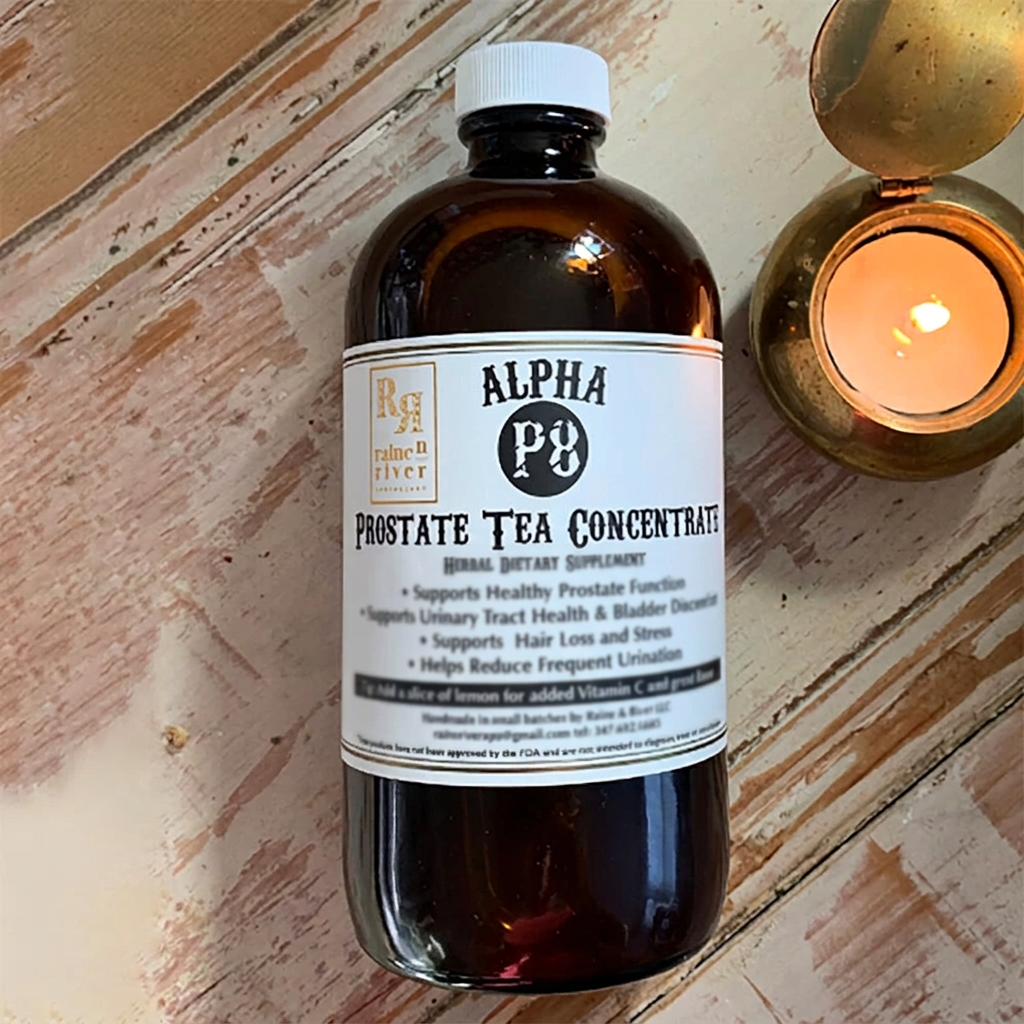 Alpha P8 Prostate Tea Concentrate with smaller label wording blurred